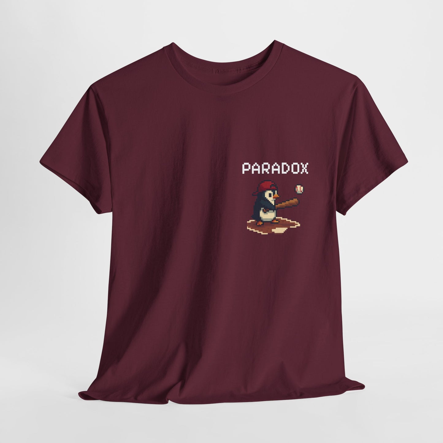 Red t-shirt with a pixel graphic of a penguin playing baseball