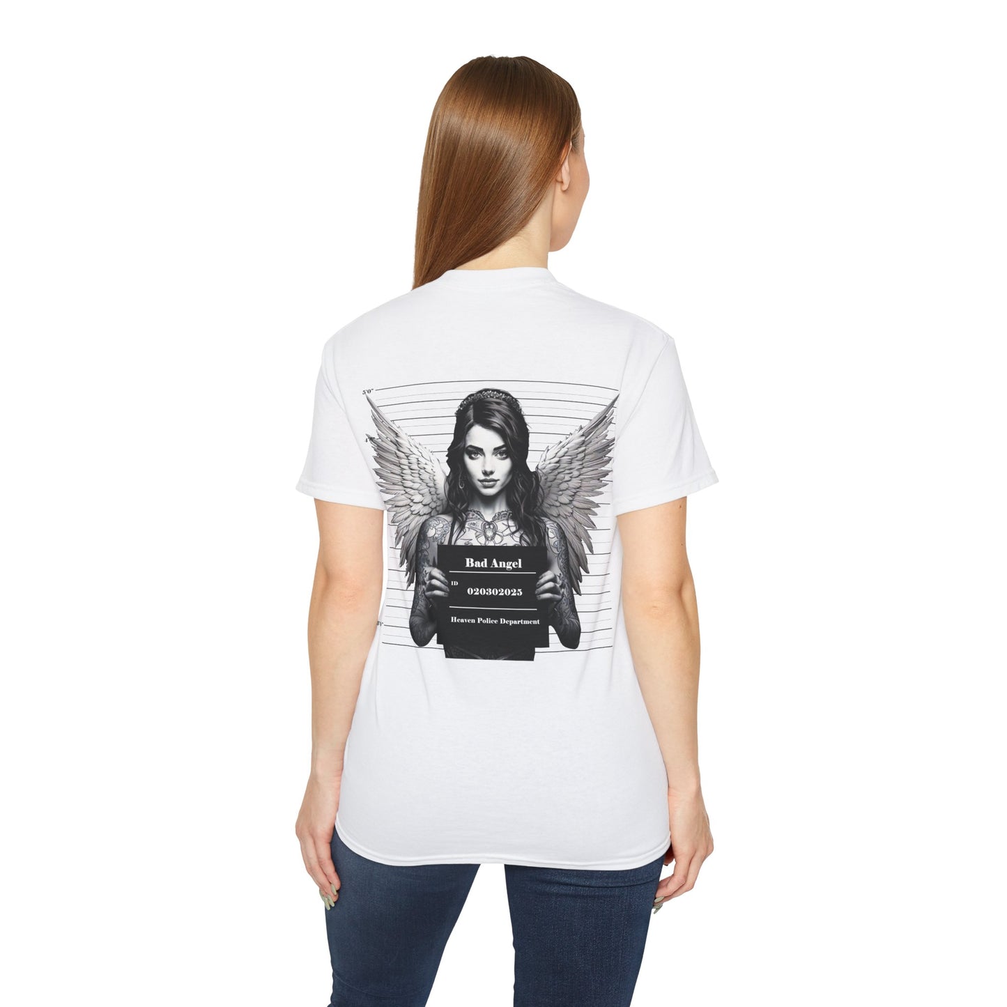 A white t-shirt featuring a graphic print of a bad angel with wings, resembling a mugshot female model.