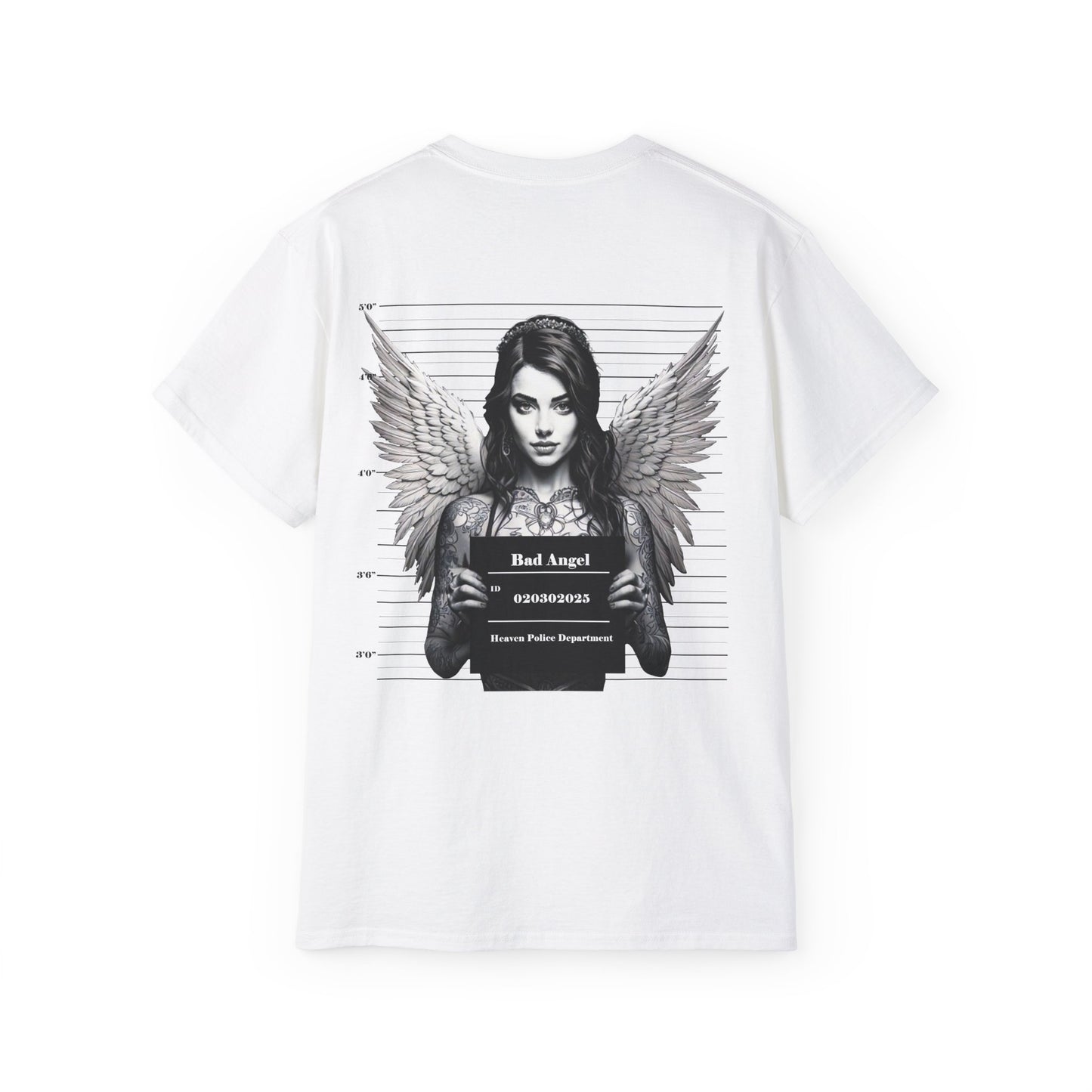 A white t-shirt featuring a graphic print of a bad angel with wings, resembling a mugshot.