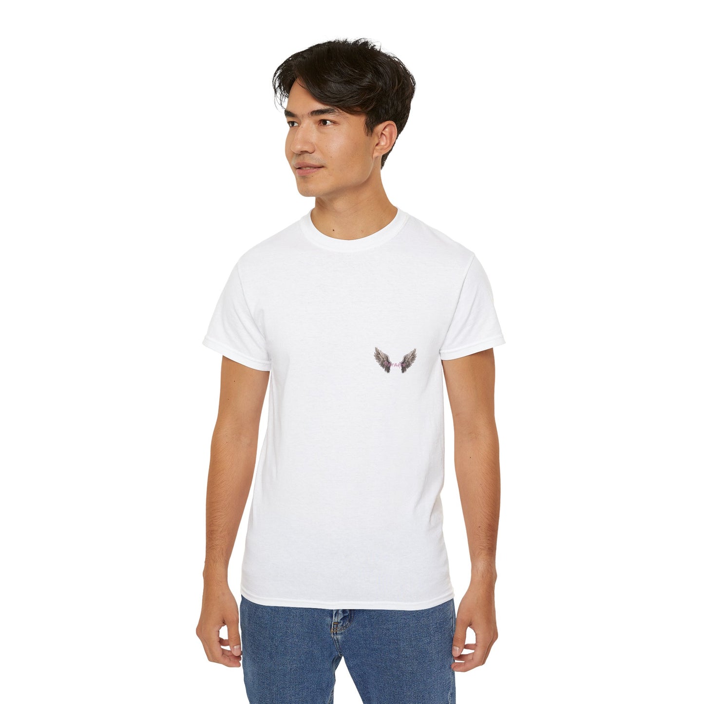 A white t-shirt featuring a graphic print of a bad angel with wings, resembling a mugshot male model.
