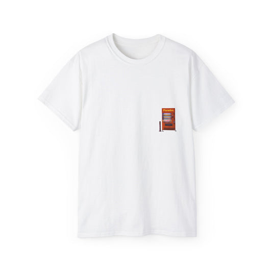 A white t-shirt featuring a graphic print of a vintage coffe vending machine.