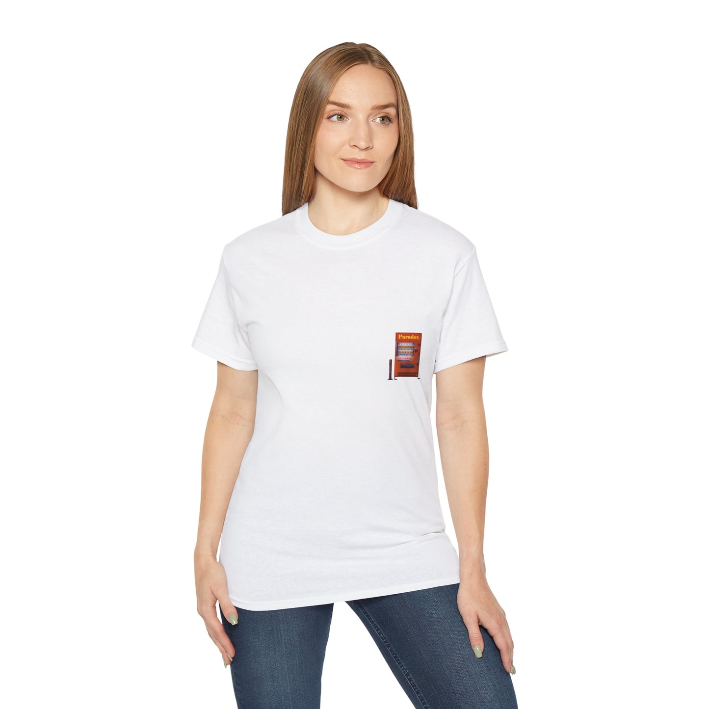 A white t-shirt featuring a graphic print of a vintage coffe vending machine on a female model.