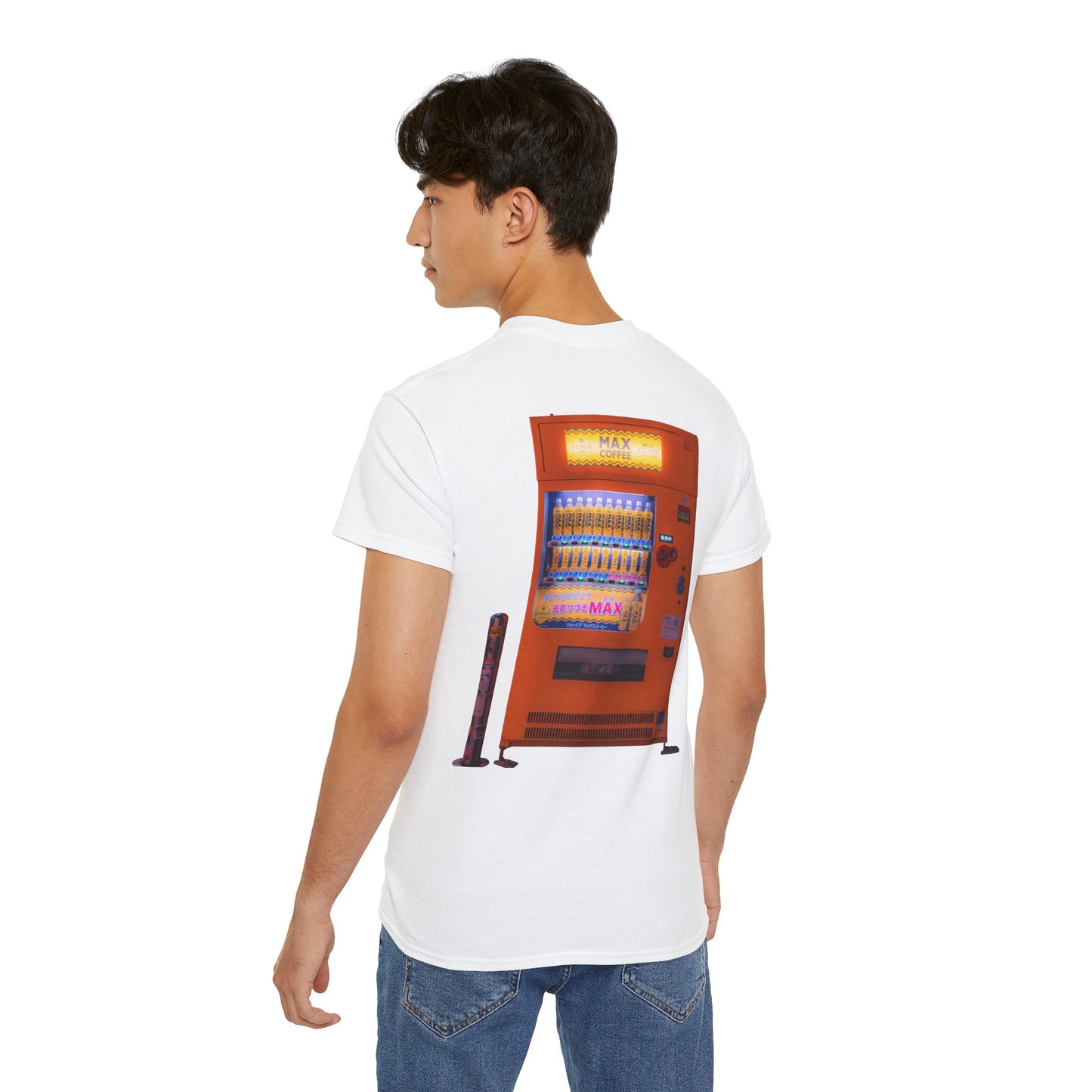 A white t-shirt featuring a graphic print of a vintage coffe vending machine on a male model.