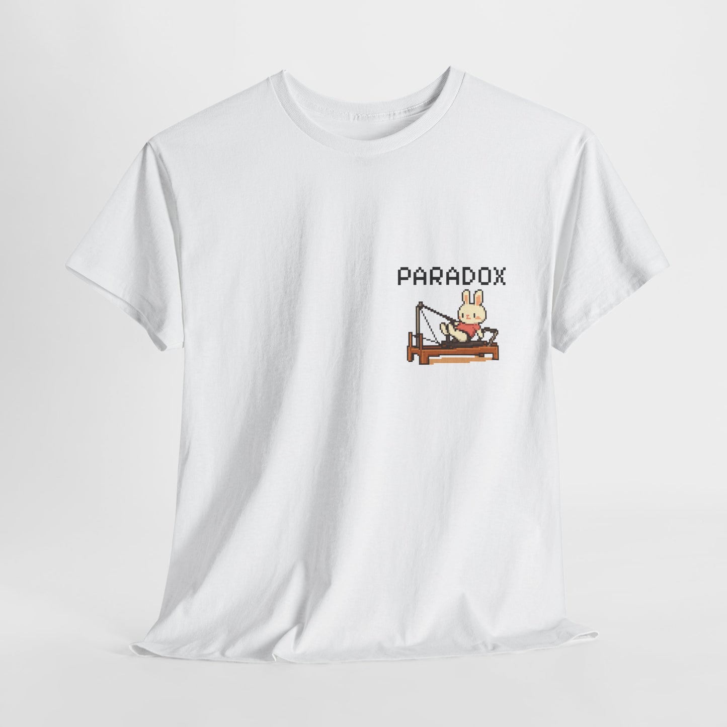 White t-shirt with a graphic pixel art of bunny doing pilates
