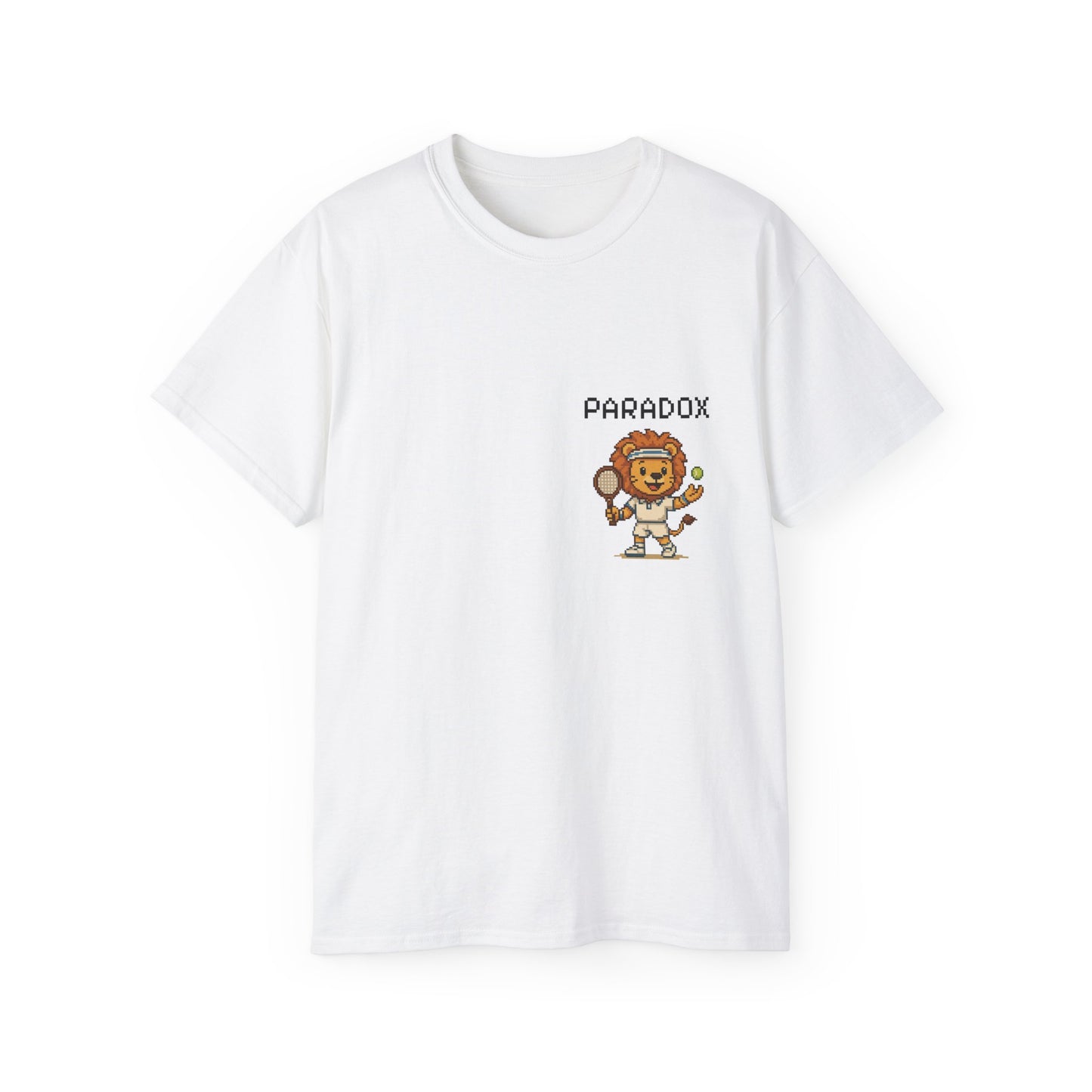 White t-shirt with a graphic pixel art of a lion playing tennis
