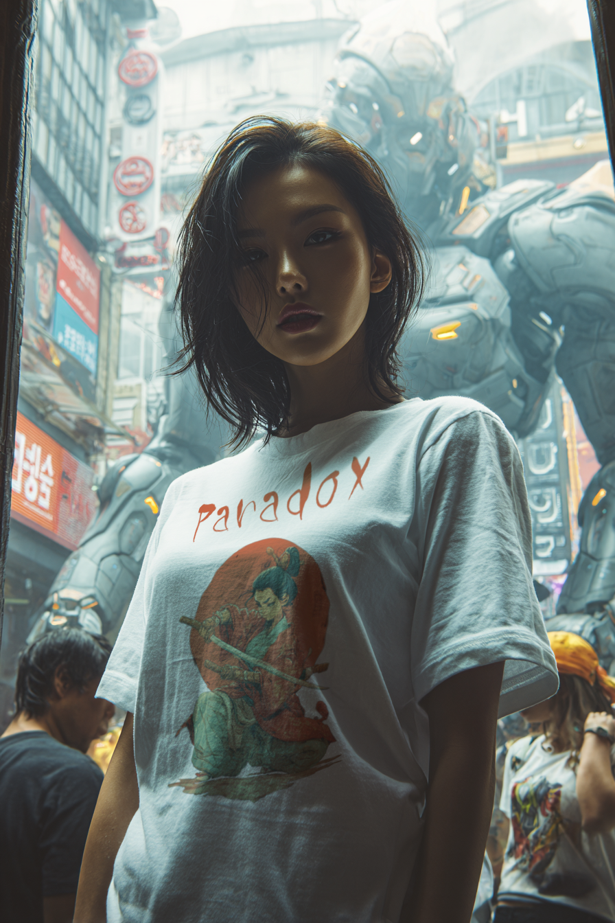 White t-shirt of Japanese lady Samurai on a Korean model