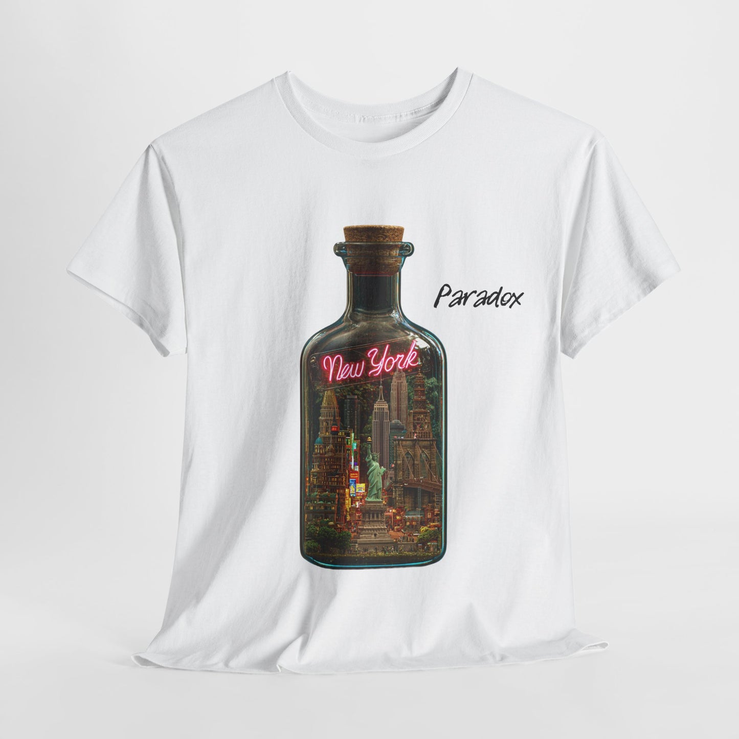 White t-shirt with a graphic of a city featuring New York