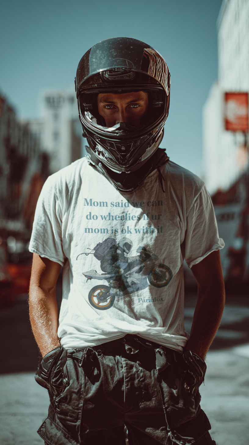 White t-shirt with a graphic of a motorcycle with funny text on a male motorcyclist