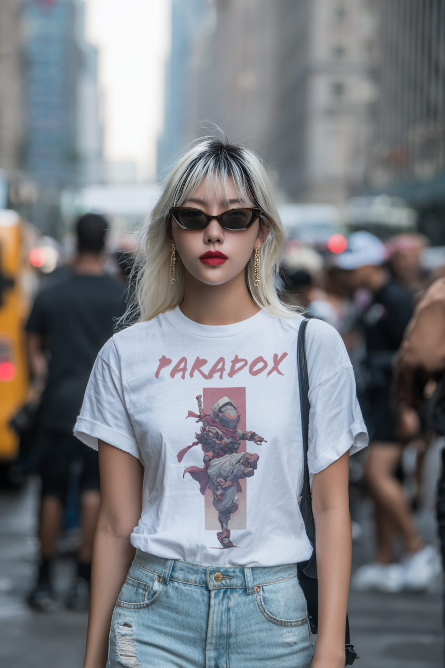 White t-shirt with a graphic of a ninja 4.0 on a female model