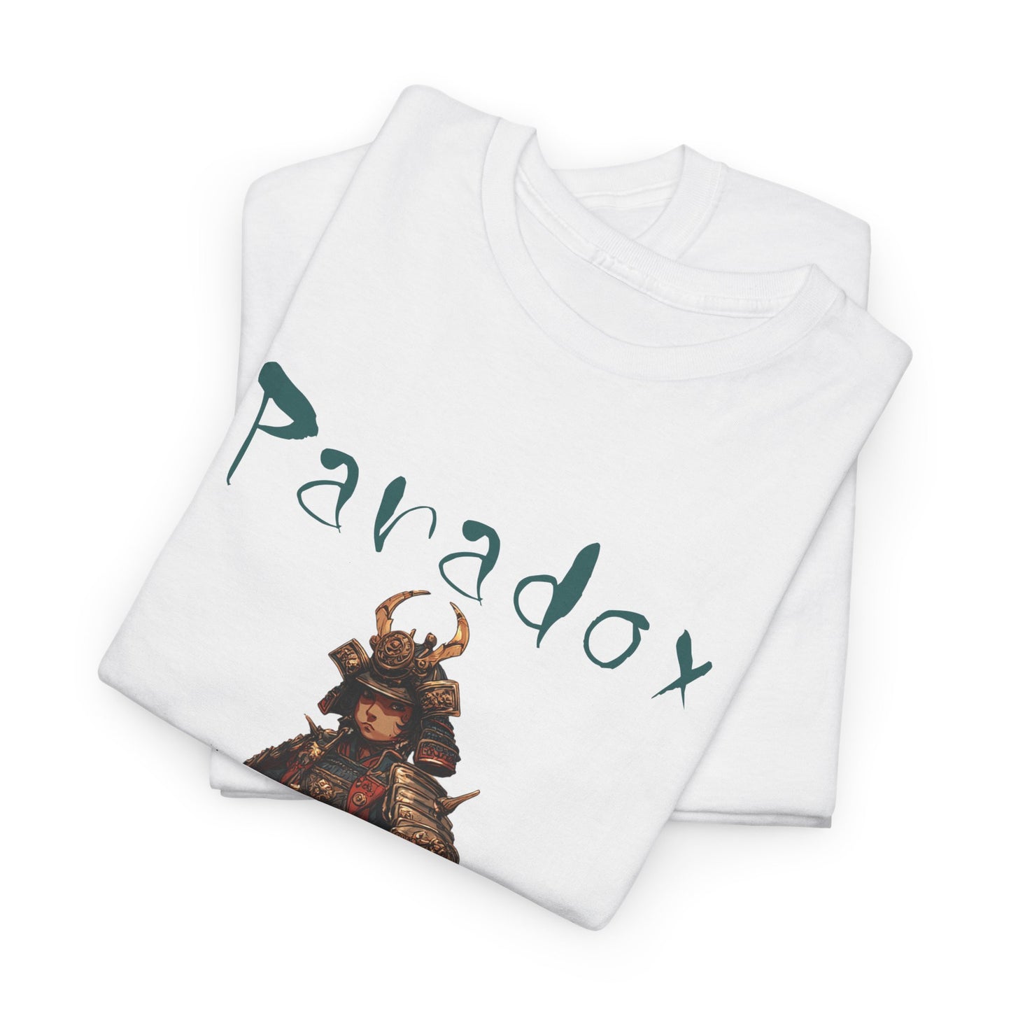 White t-shirt with a graphic of a warrior featuring a samurai folded