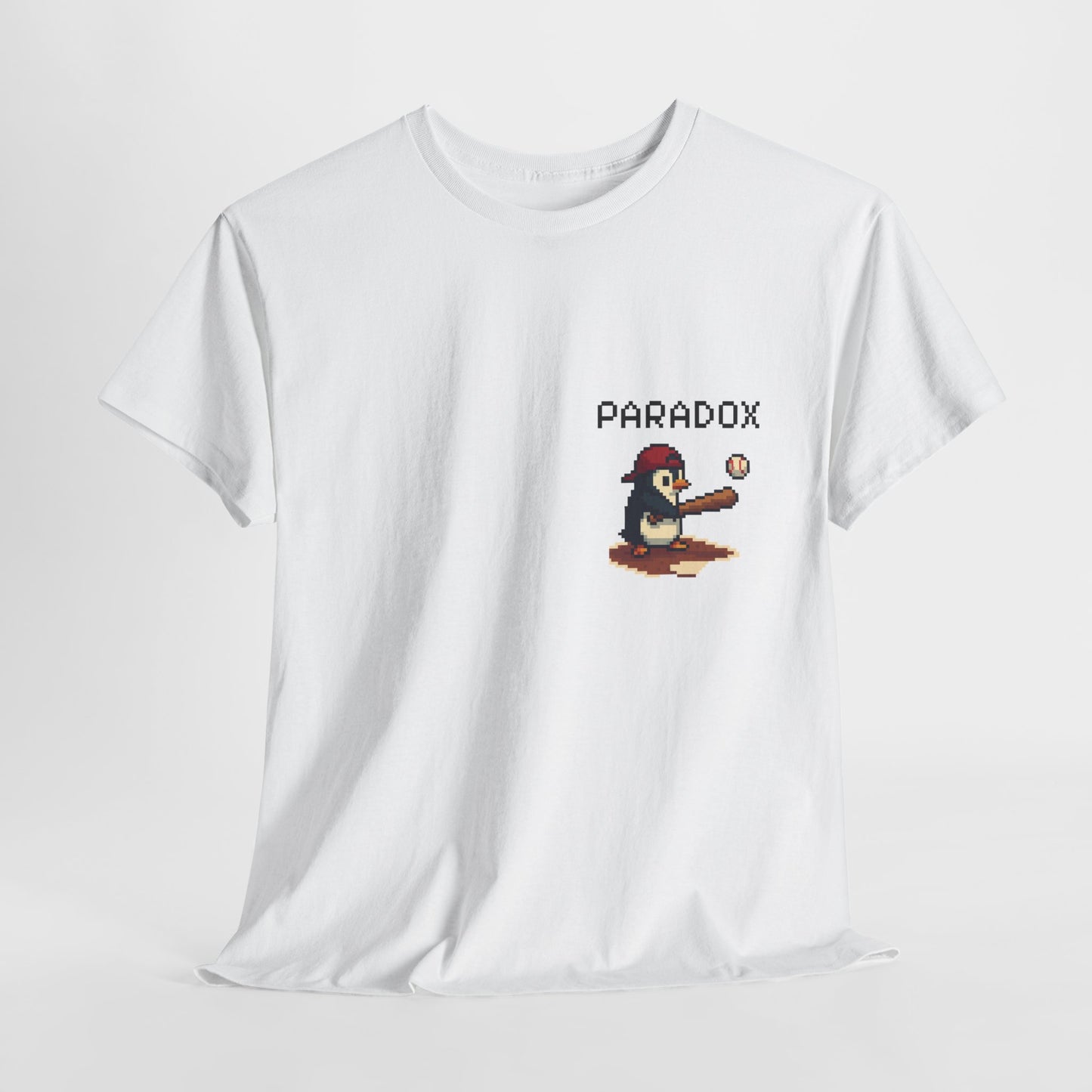 White t-shirt with a pixel graphic of a penguin playing baseball