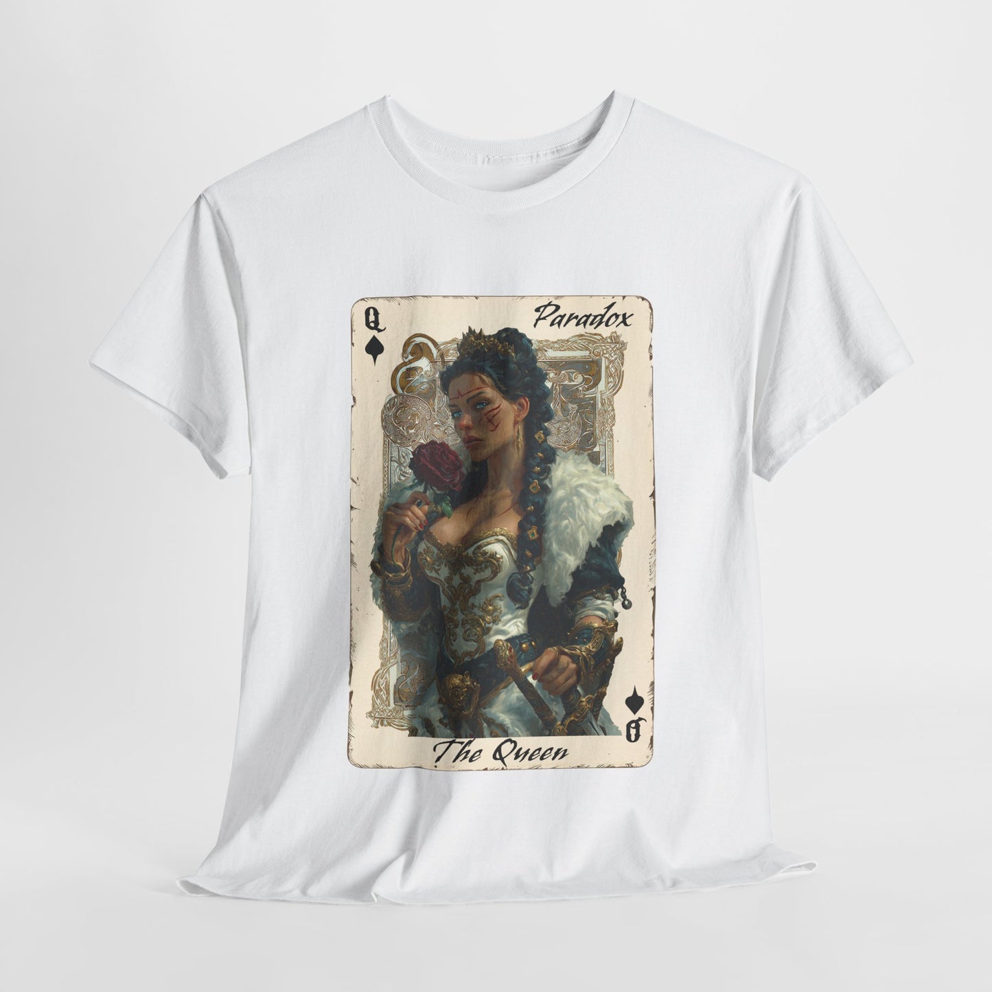 White t-shirt with graphic shirt of the queen of spades