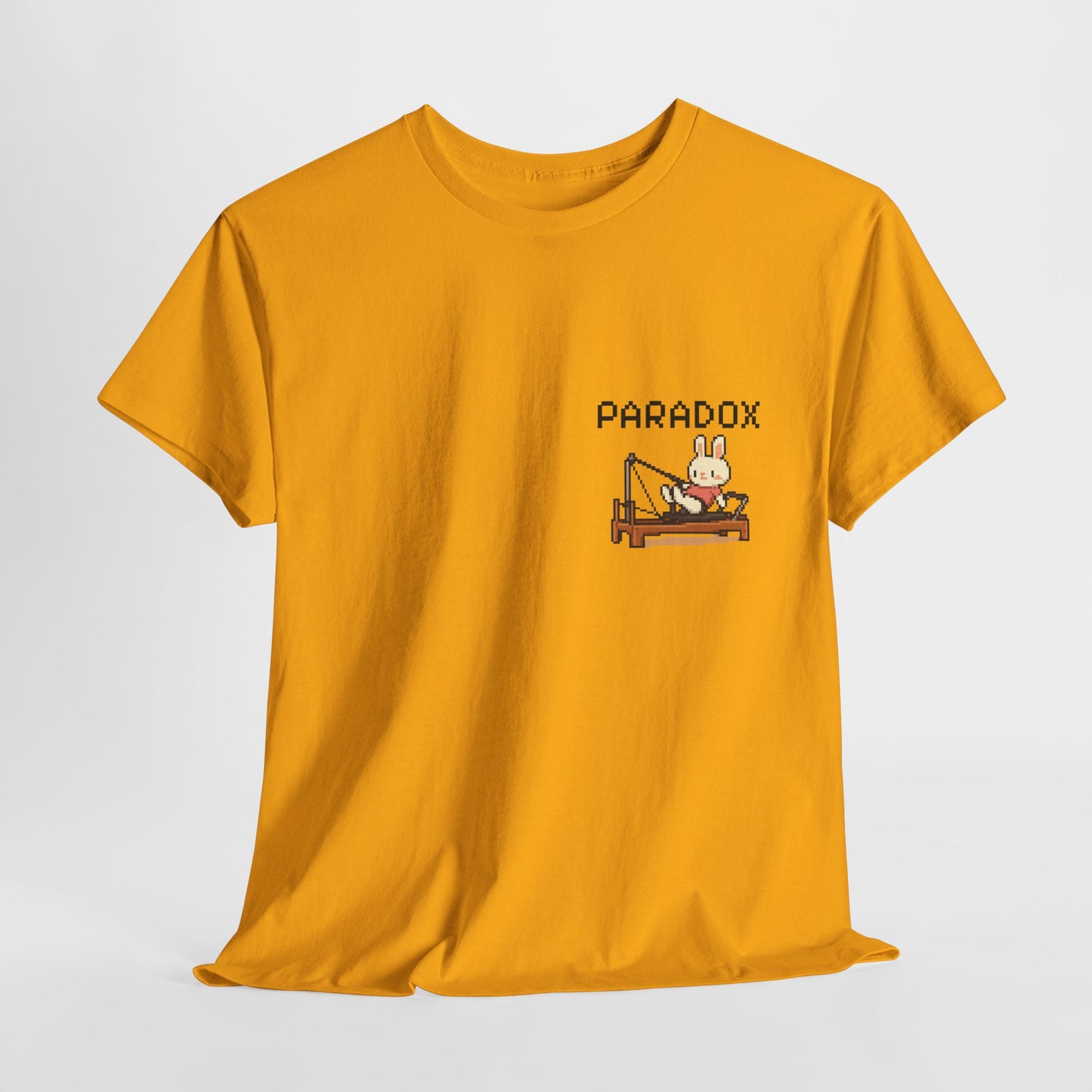 Yellow t-shirt with a graphic pixel art of bunny doing pilates
