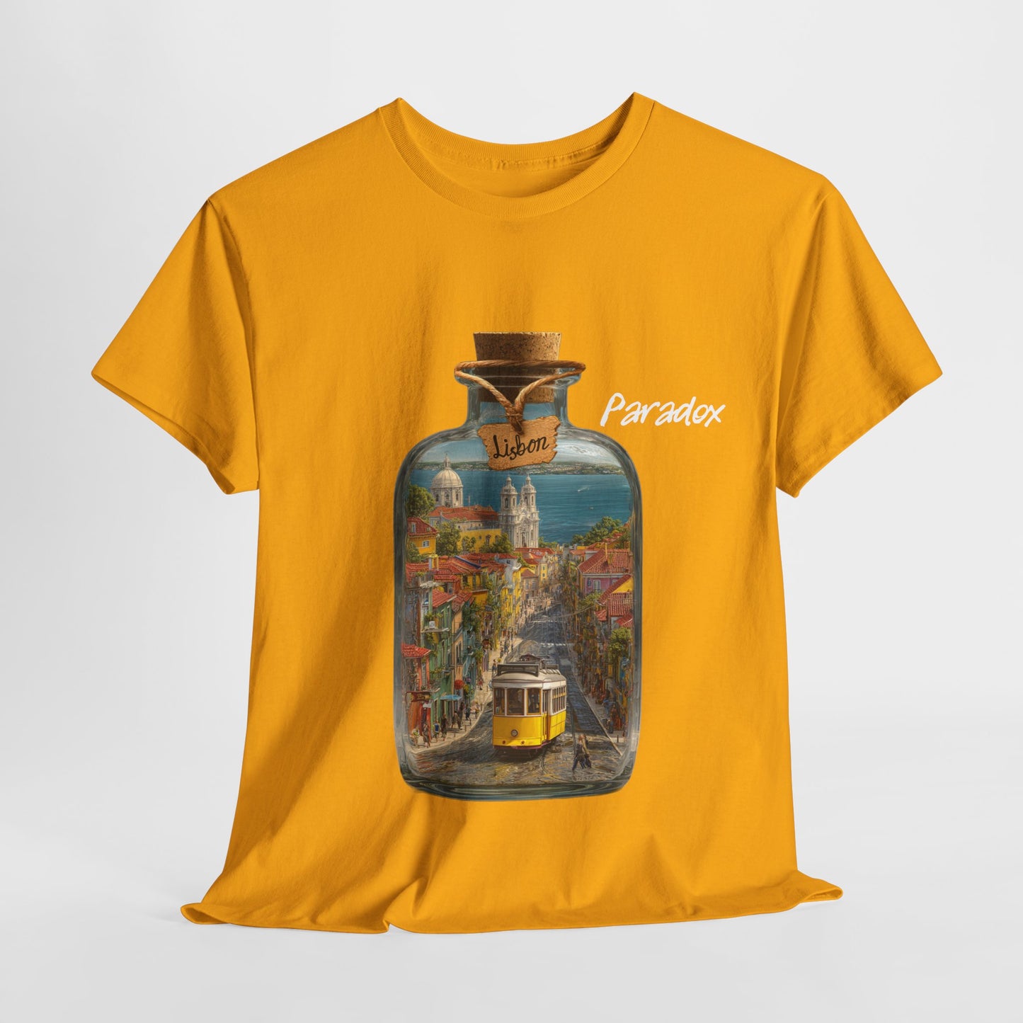 Yellow t-shirt of glass bottle with Lisbon