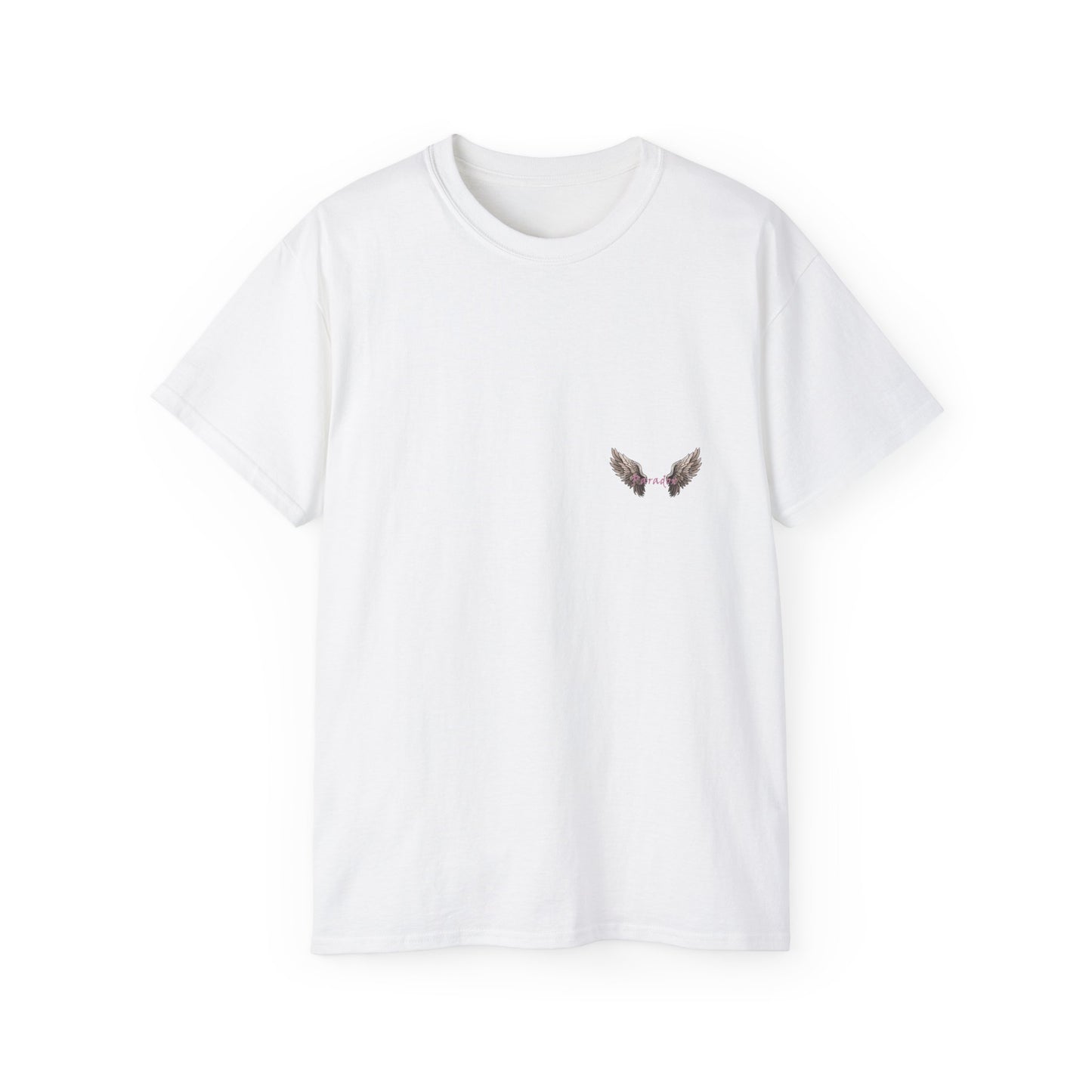 A white t-shirt featuring a graphic print of a bad angel with wings, resembling a mugshot.