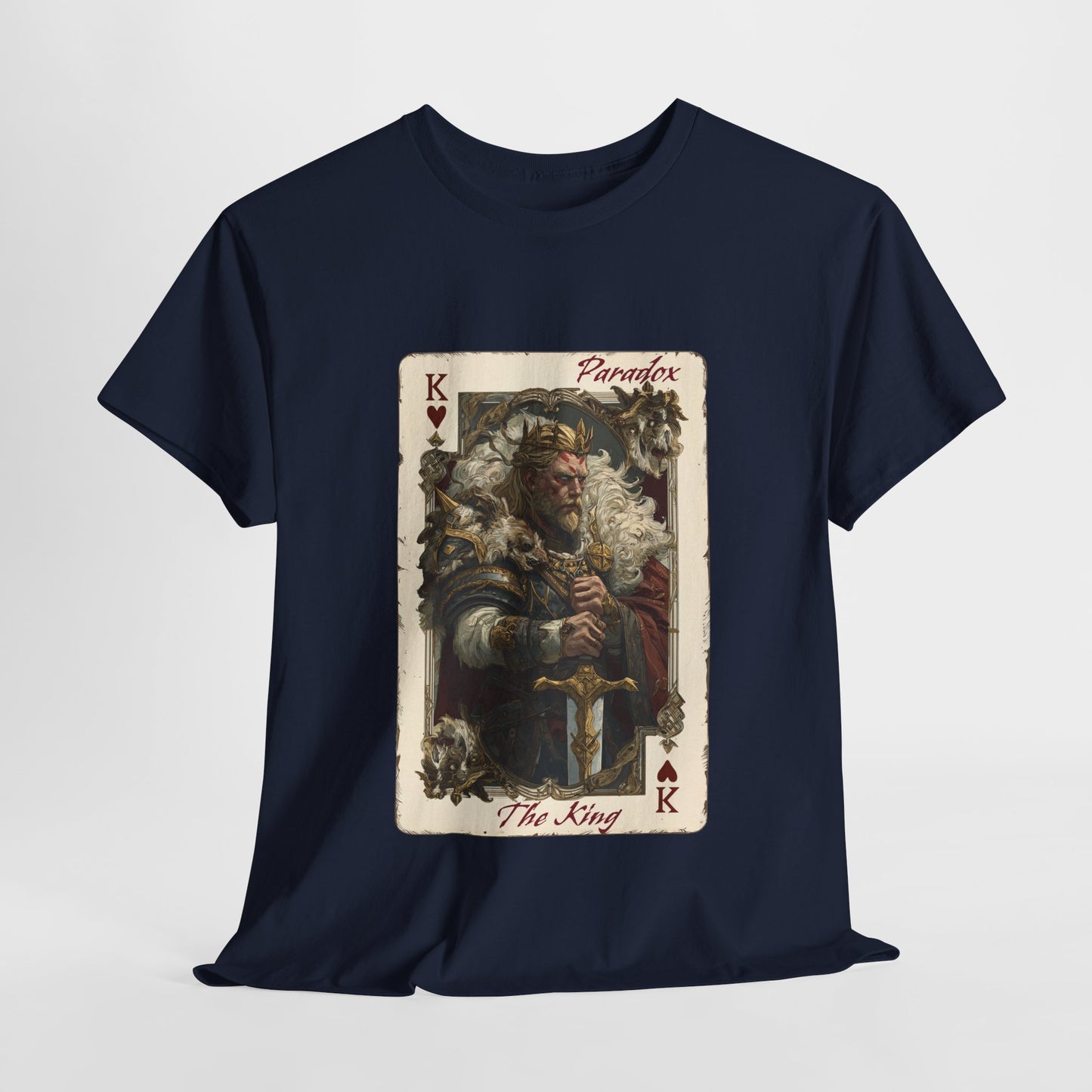 Blue t-shirt with a graphic of the king of hearts on a male model