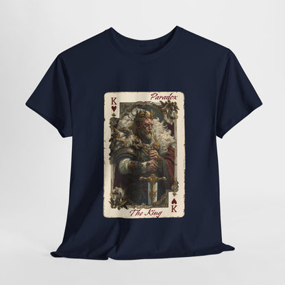 Blue t-shirt with a graphic of the king of hearts on a male model