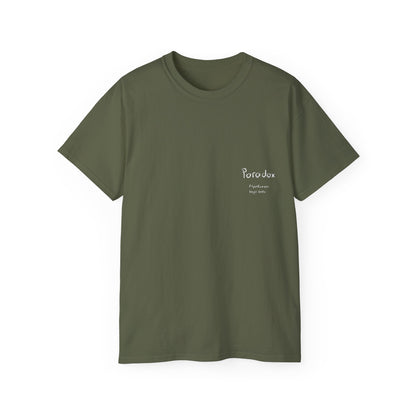 A green unisex t-shirt with Japanese text.
