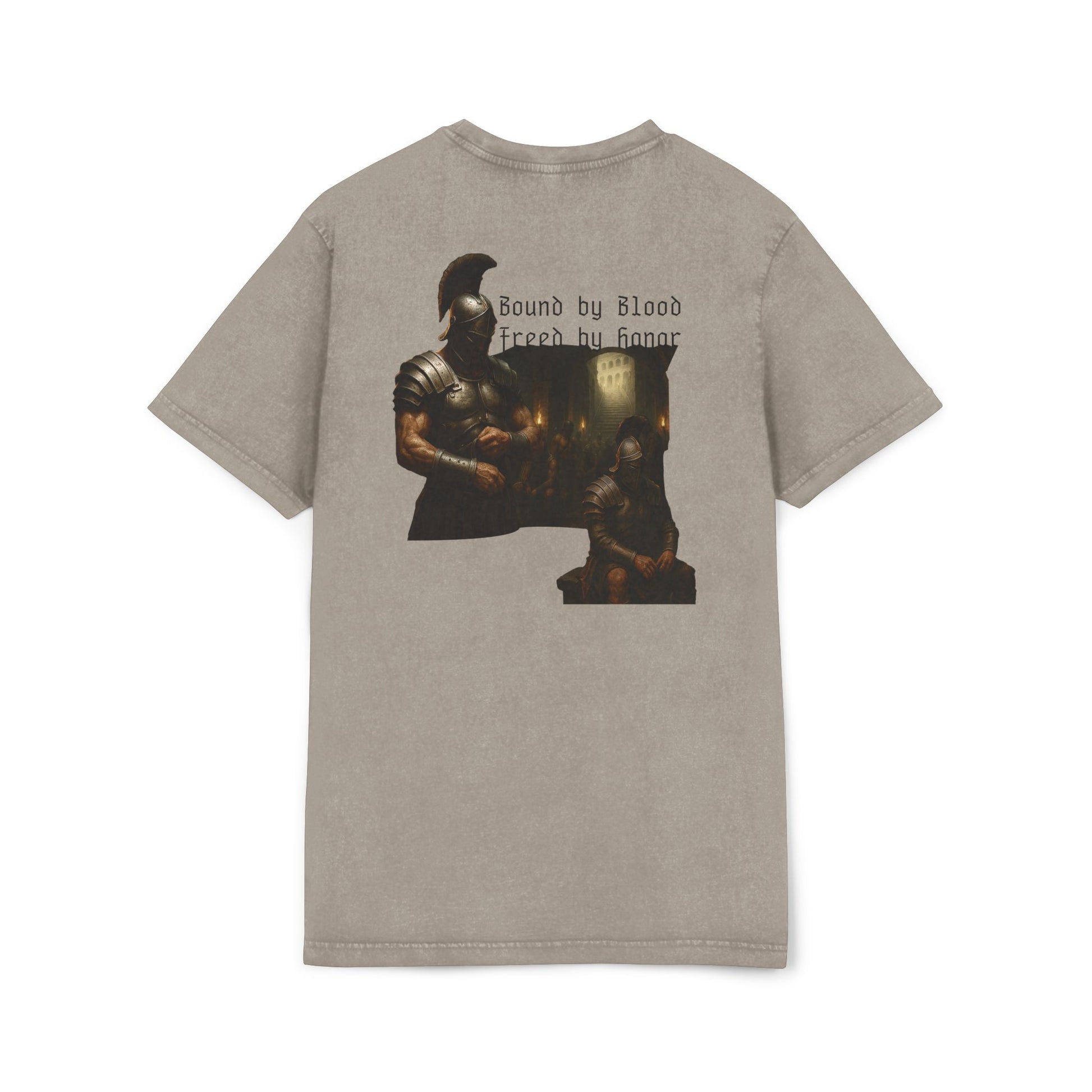 Beige t-shirt with graphic design of gladiator brothers waiting for battle.