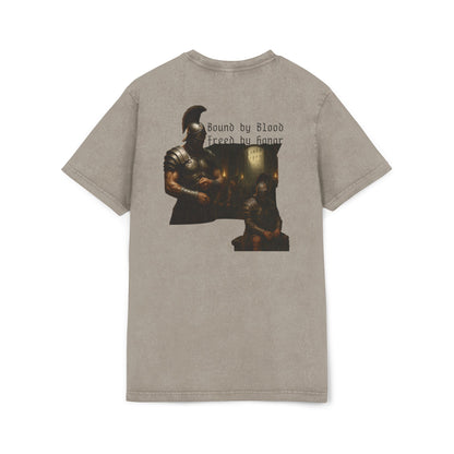 Beige t-shirt with graphic design of gladiator brothers waiting for battle.