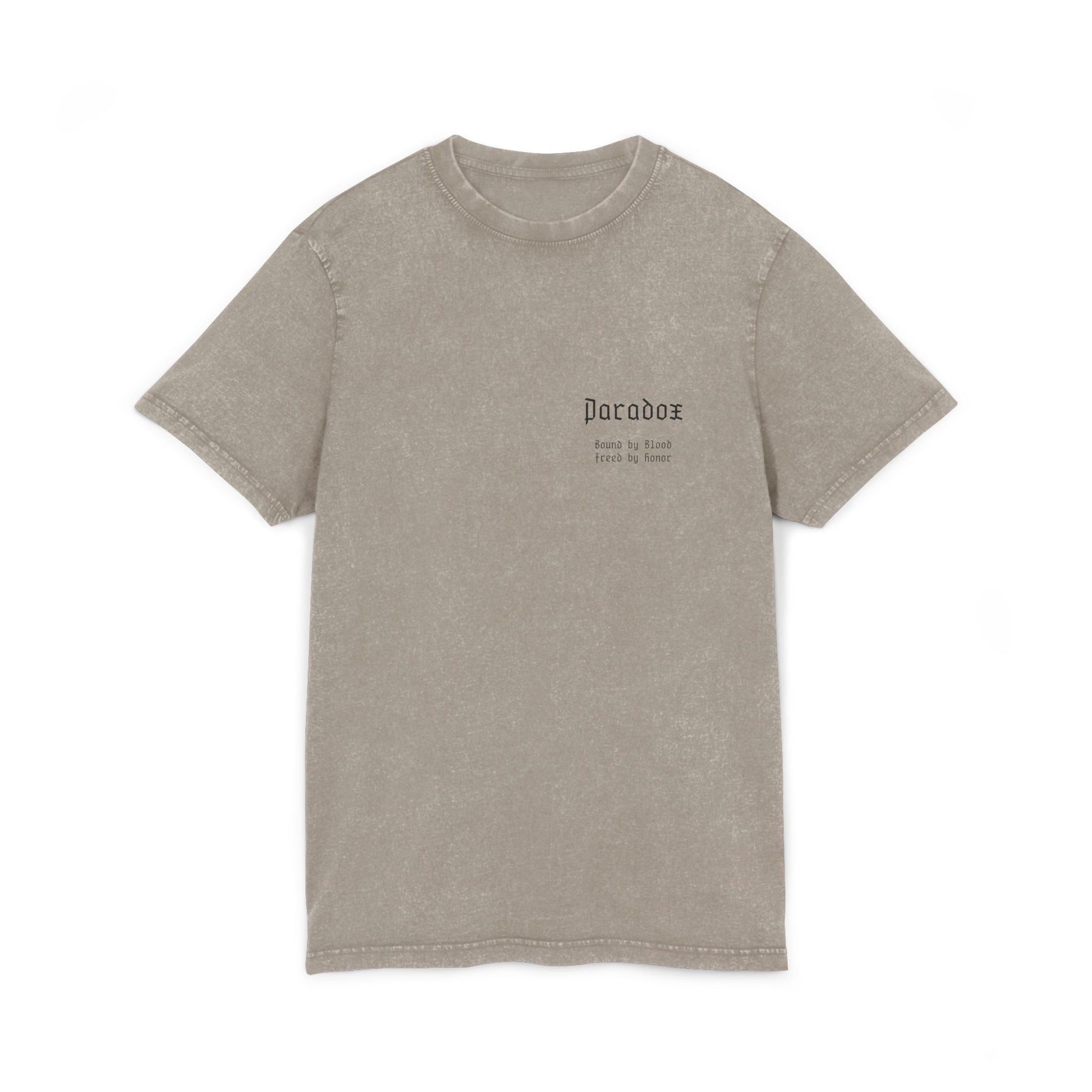 Beige t-shirt with graphic design of gladiator brothers waiting for battle.