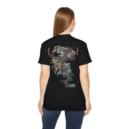 A black t-shirt with a graphic print of a dragon and Samurai design elements based on real art female model.