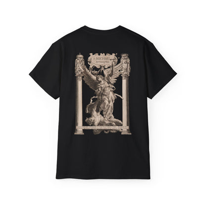 A black t-shirt featuring a graphic print of Saint Michael in in sculpture form in victory.