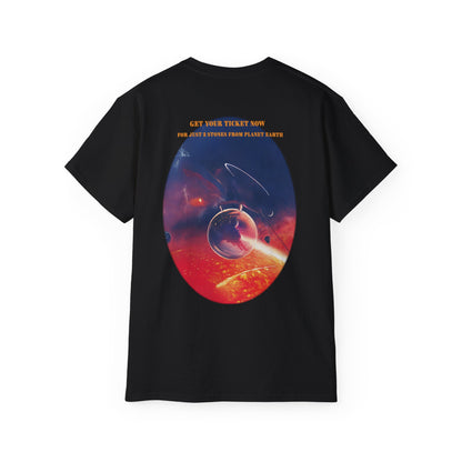 A black graphic t-shirt with the text Lava Ride and Paradox Airlines in stylized font, featuring a cosmic design.