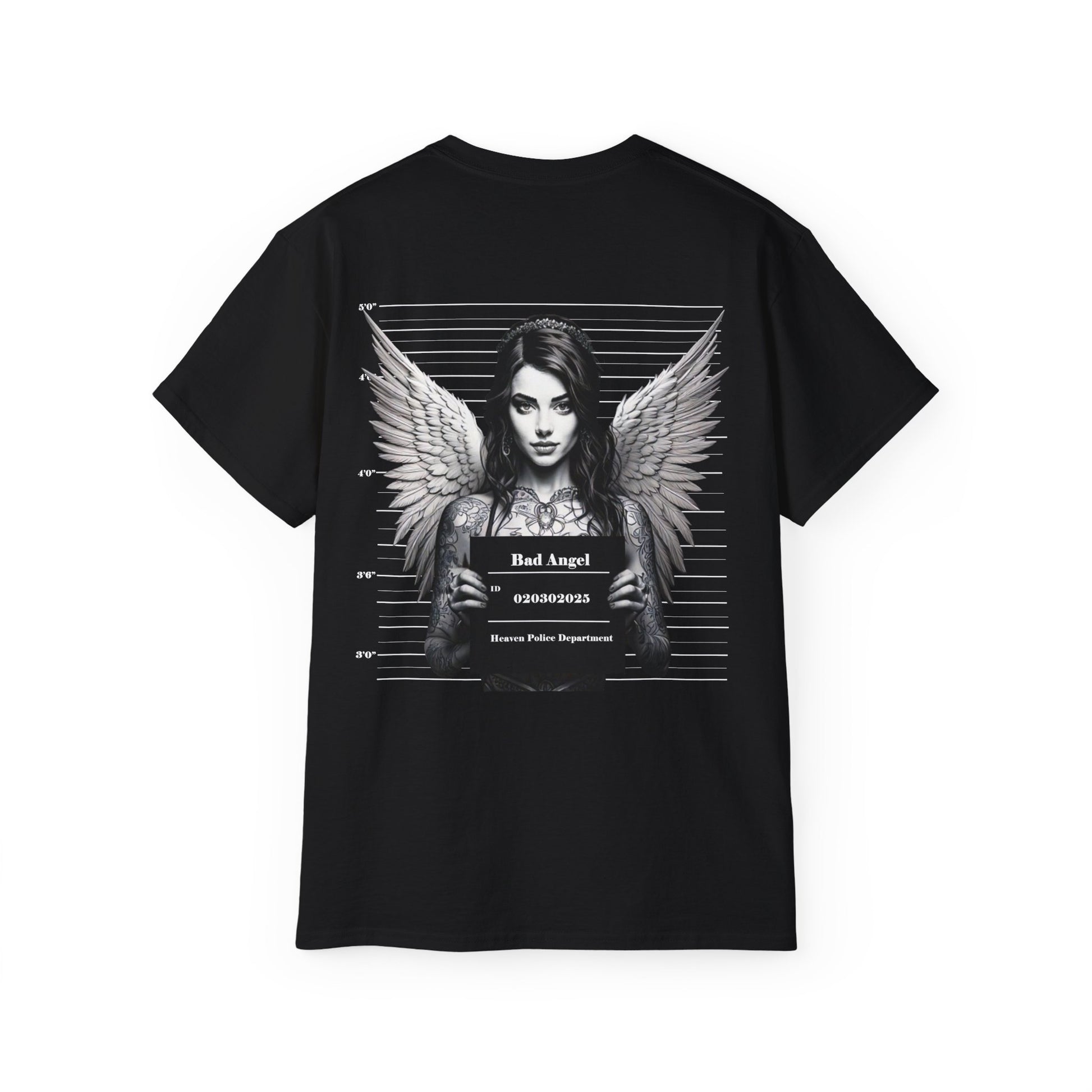 A black t-shirt featuring a graphic print of a bad angel with wings, resembling a mugshot.