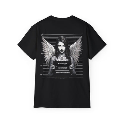 A black t-shirt featuring a graphic print of a bad angel with wings, resembling a mugshot.