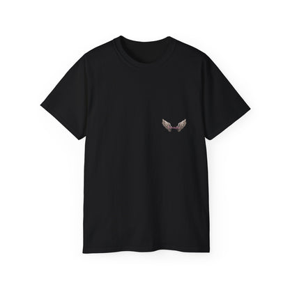 A black t-shirt featuring a graphic print of a bad angel with wings, resembling a mugshot.