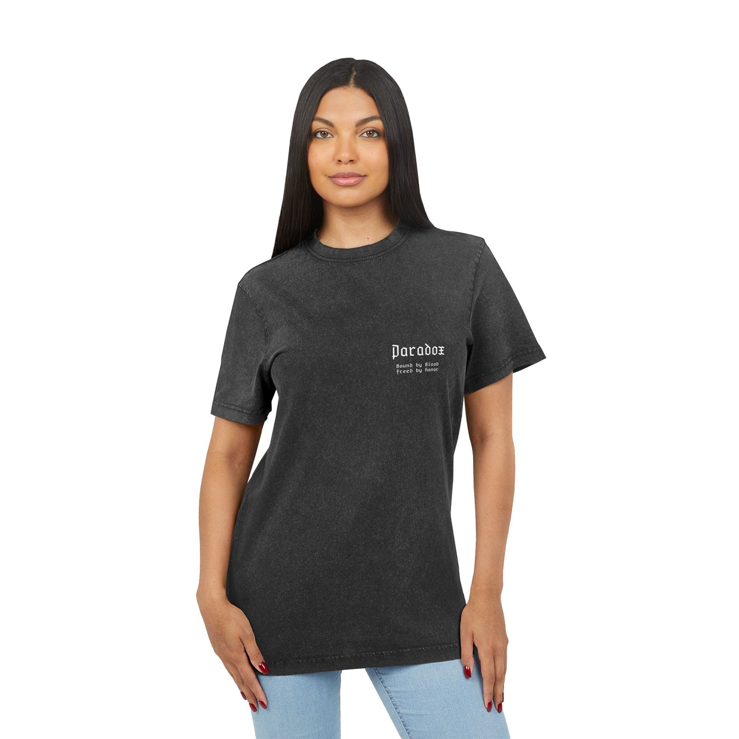 Black t-shirt with graphic design of gladiator brothers waiting for battle on female model.