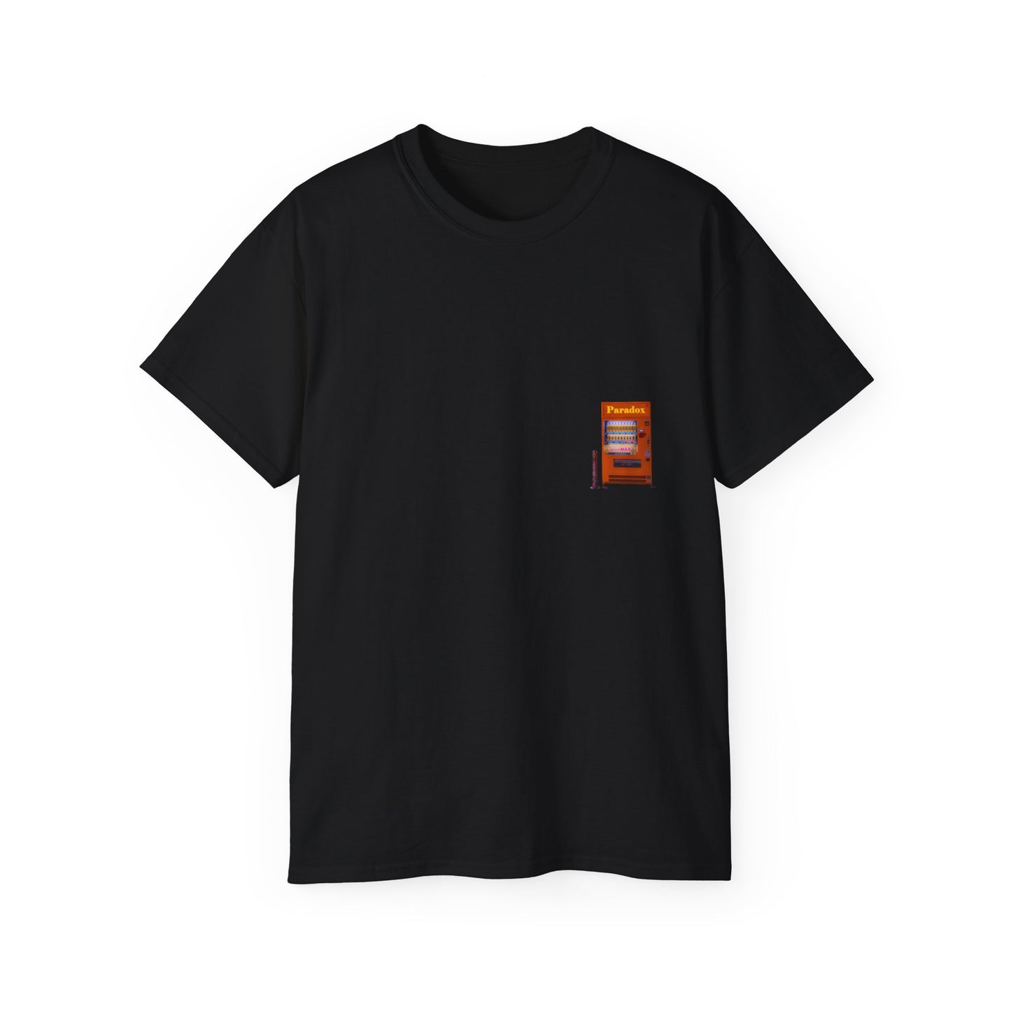 A black t-shirt featuring a graphic print of a vintage coffe vending machine.