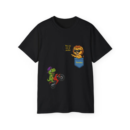 Black t-shirt with a cartoon dinosaur on a motorcycle and a lion saying You are out of pocket.