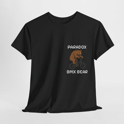 Black t-shirt with a graphic pixel art of a bear on a bmx