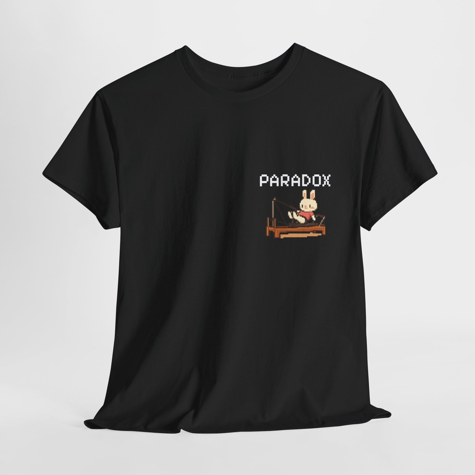Black t-shirt with a graphic pixel art of bunny doing pilates