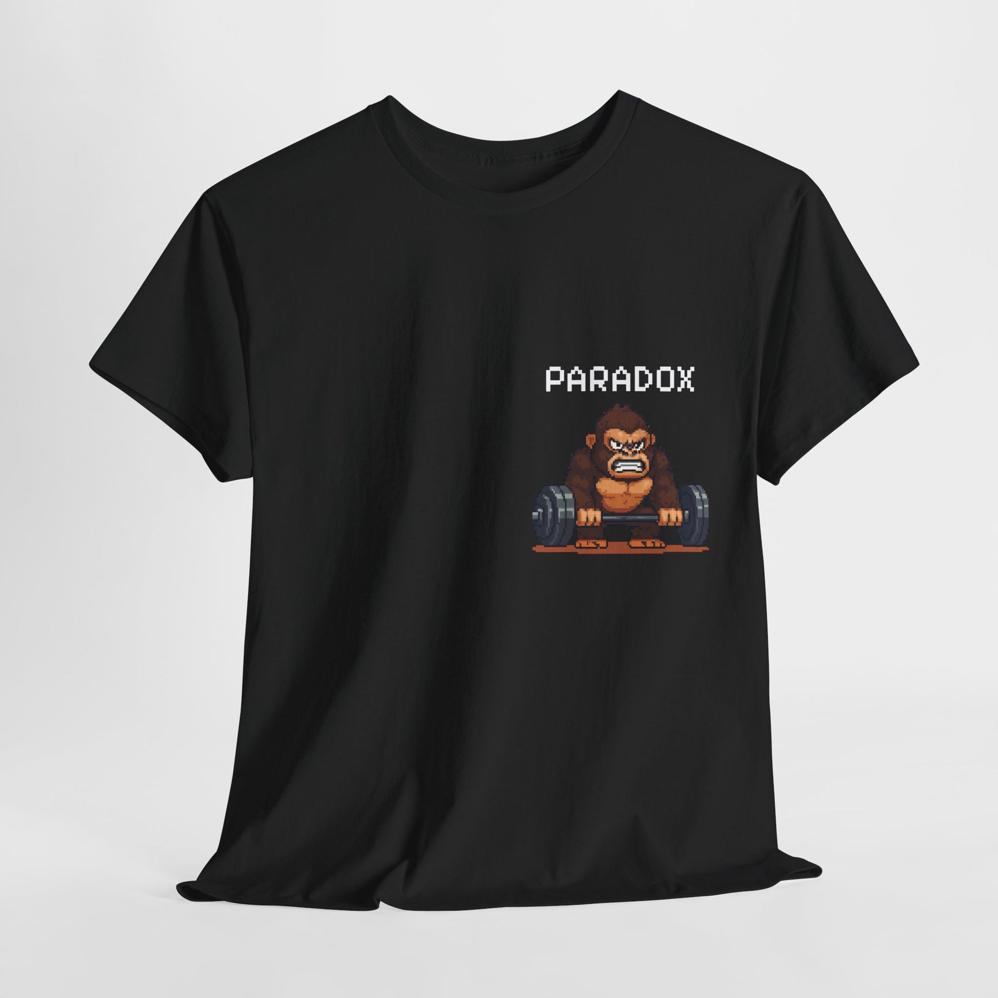 Black t-shirt with a graphic pixel art of gorilla in the gym