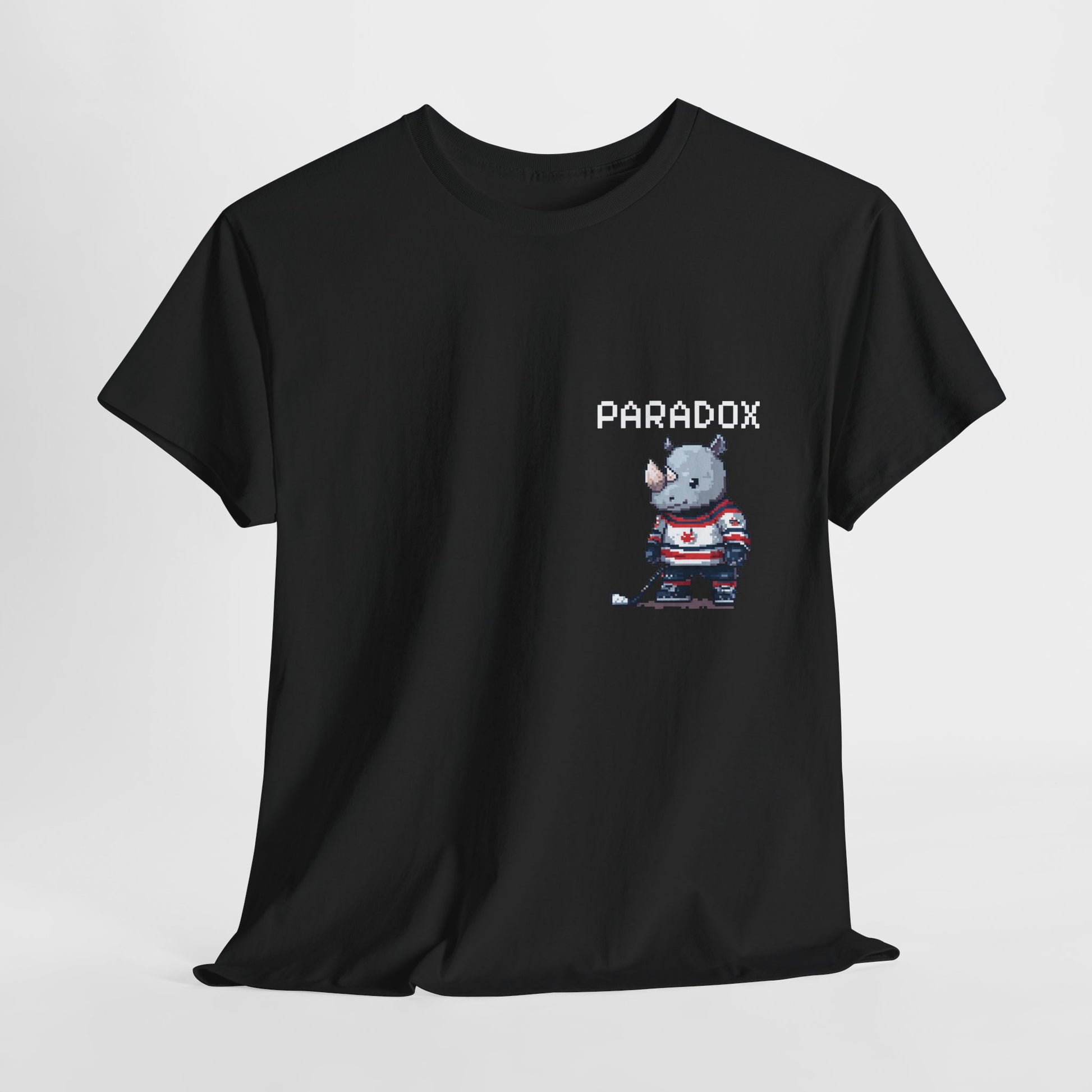 Black t-shirt with a graphic pixel art of a rhino playing ice hockey