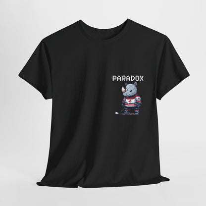 Black t-shirt with a graphic pixel art of a rhino playing ice hockey