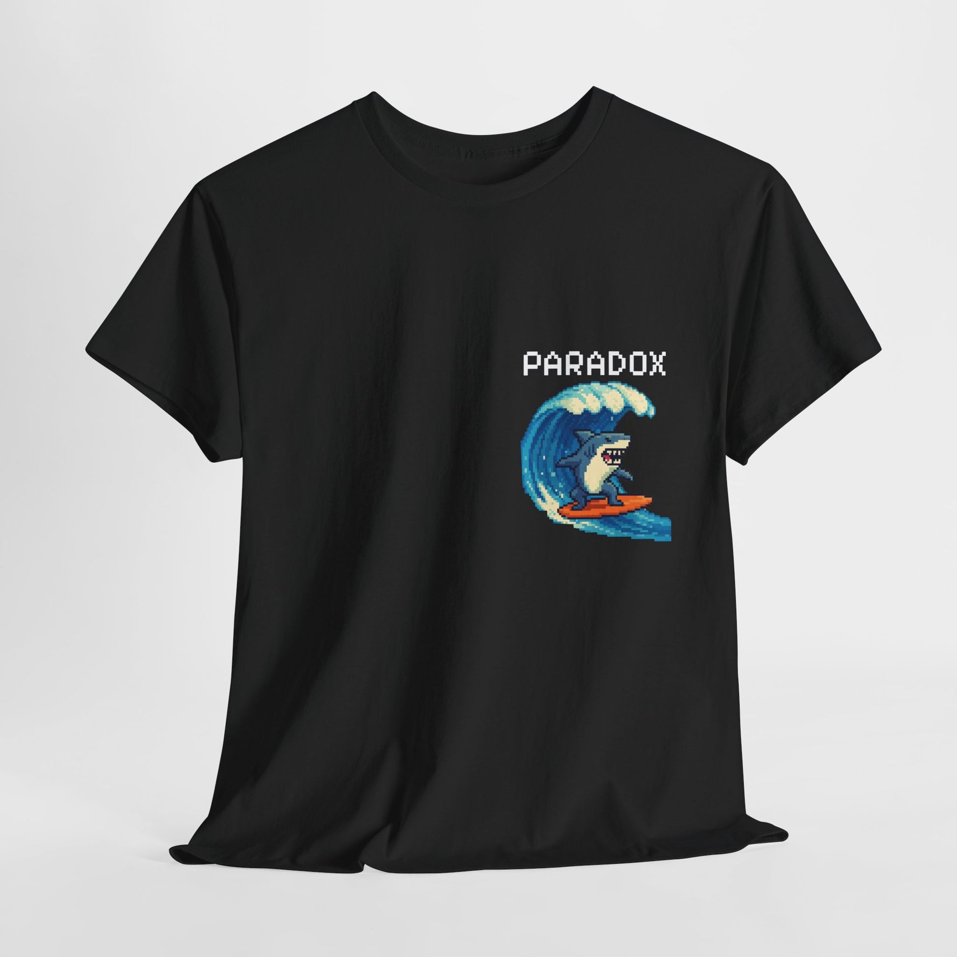 Black t-shirt with a graphic pixel art of a shark surfing