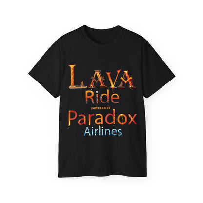 A black graphic t-shirt with the text Lava Ride and Paradox Airlines in stylized font, featuring a cosmic design.