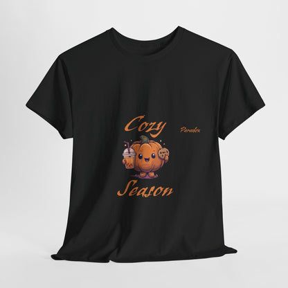 Black t-shirt of a graphic cute cozy season pumpkin holding a cookie and pumpkin spice
