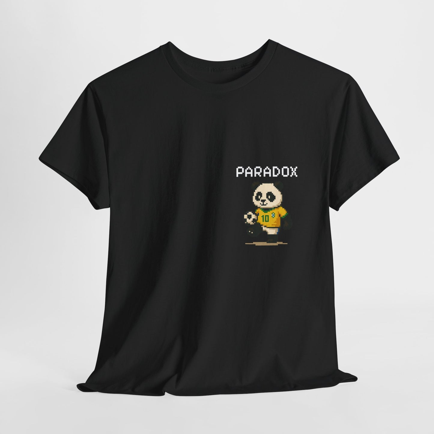 Black t-shirt of a graphic pixel art panda playing soccer on a female model