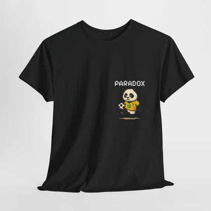 Black t-shirt of a graphic pixel art panda playing soccer on a female model