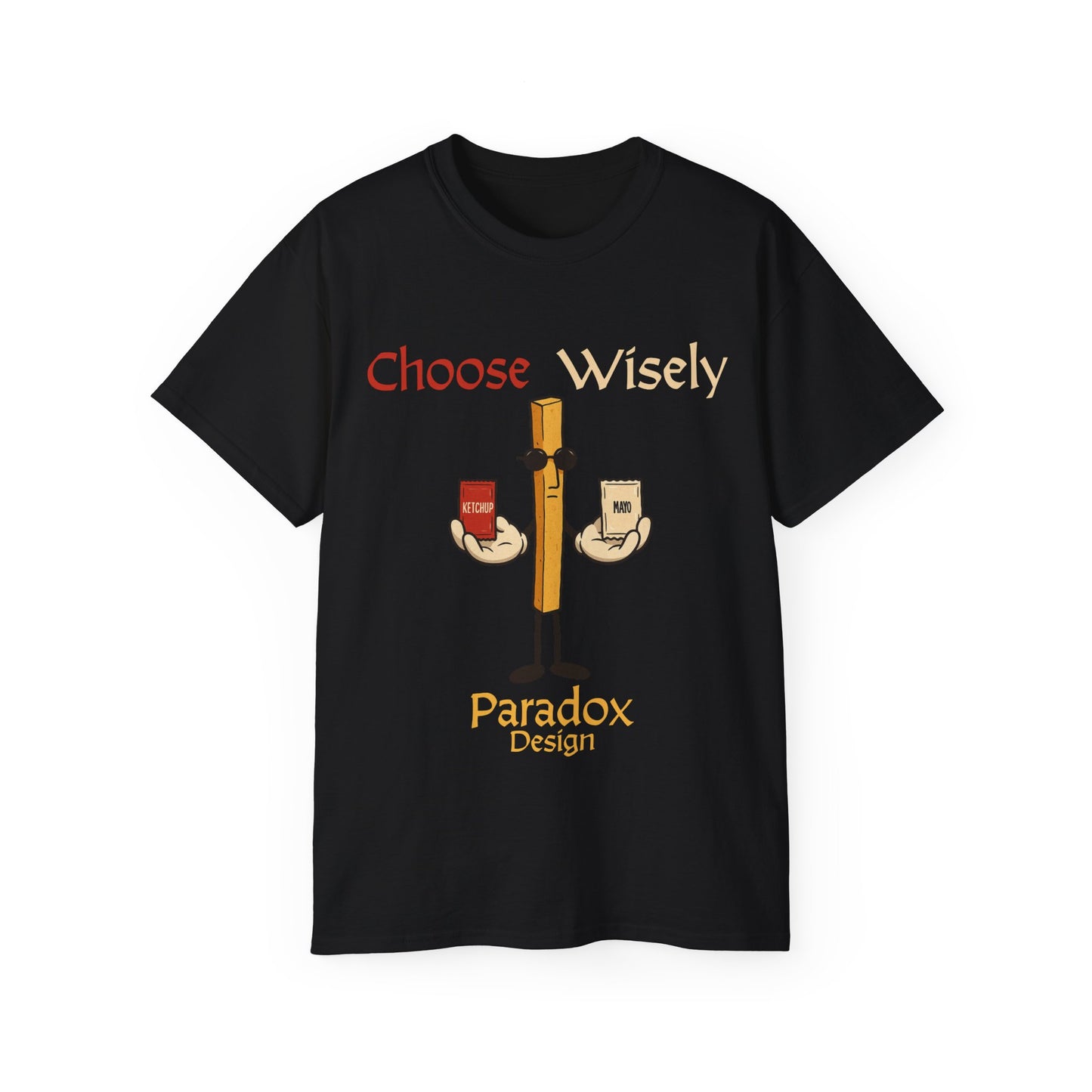 Black t-shirt of fries character holding a pack of ketchup and mayo for the funny debate of which sauce to chose for fries.