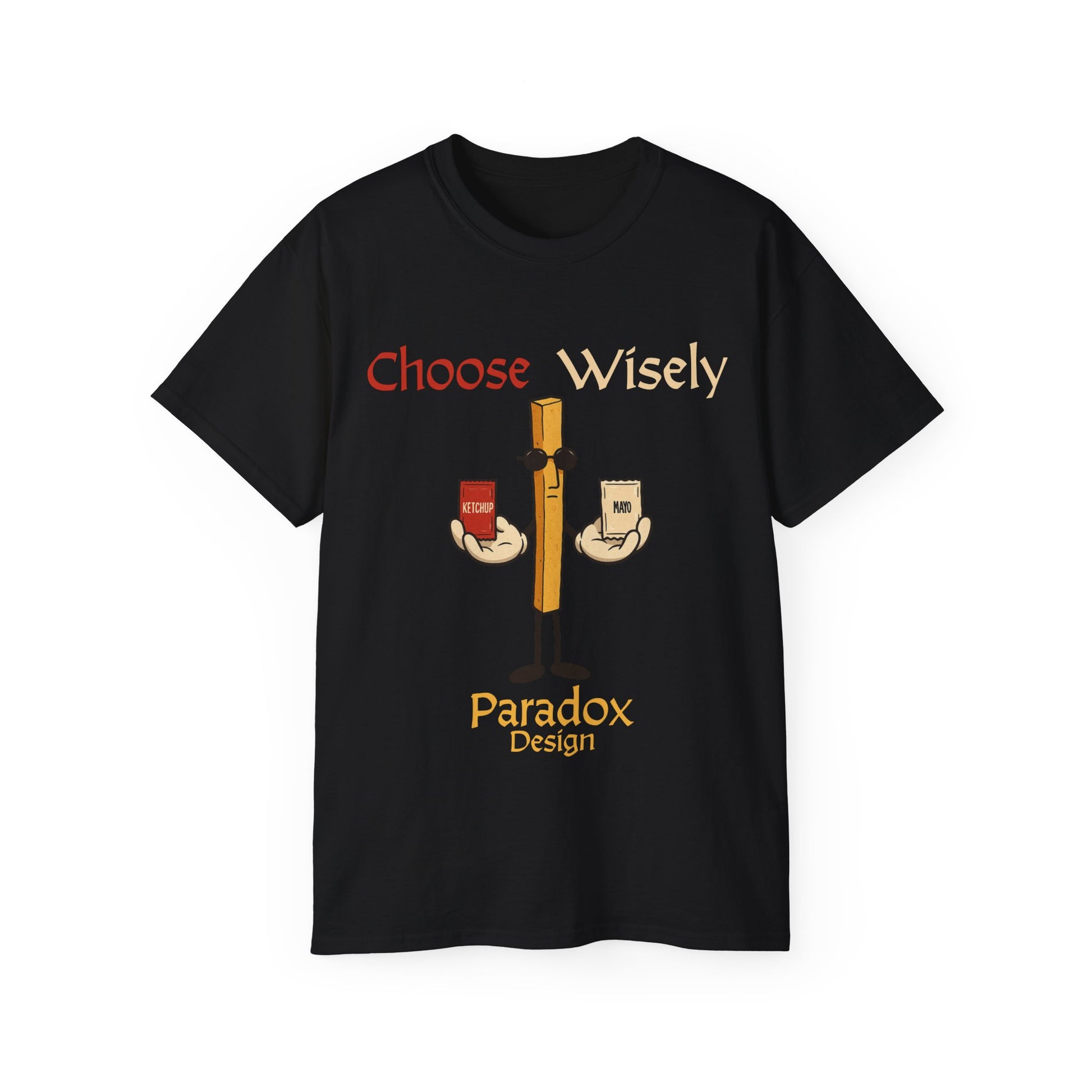 Black t-shirt of fries character holding a pack of ketchup and mayo for the funny debate of which sauce to chose for fries.