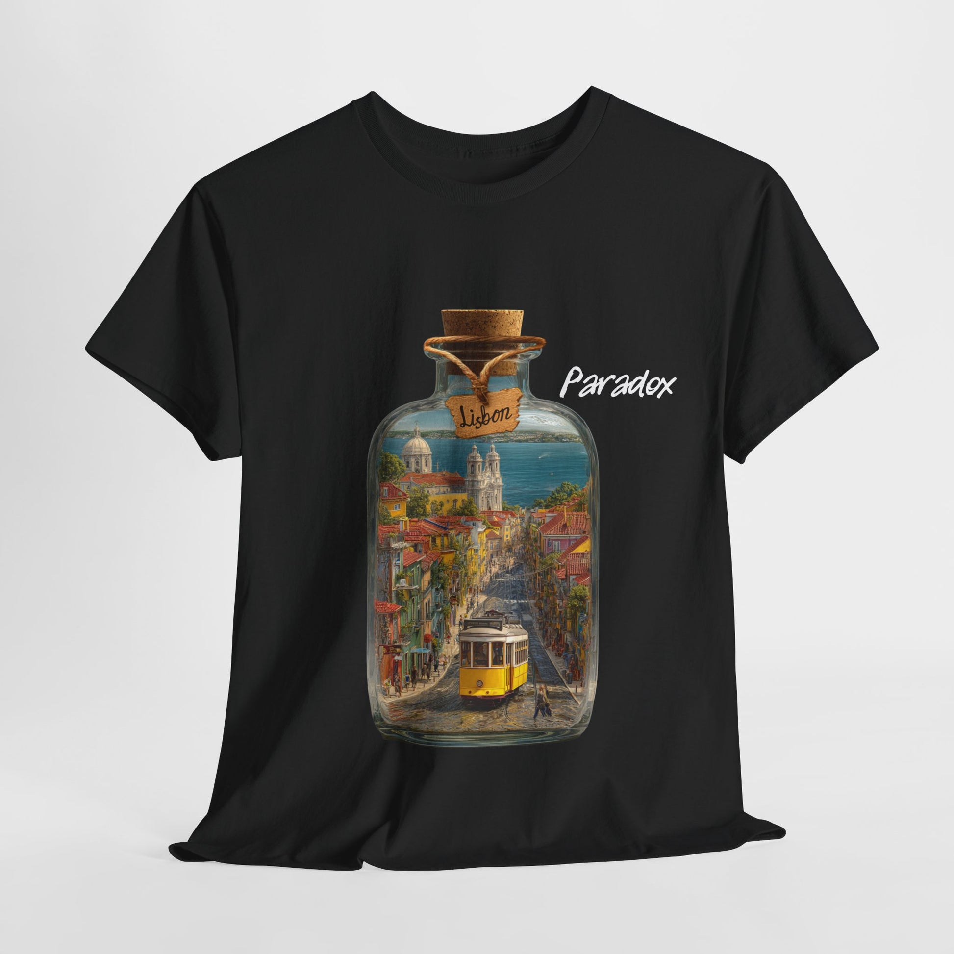 Black t-shirt of glass bottle with Lisbon