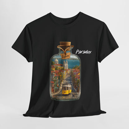 Black t-shirt of glass bottle with Lisbon