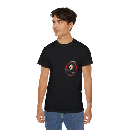 Black t-shirt with a funny design of grim reaper and text What a time to be alive