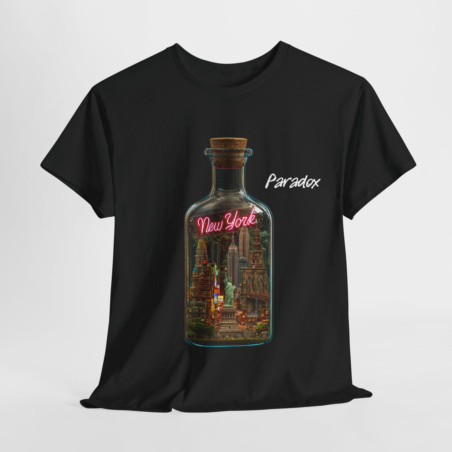 Black t-shirt with a graphic of a city featuring New York